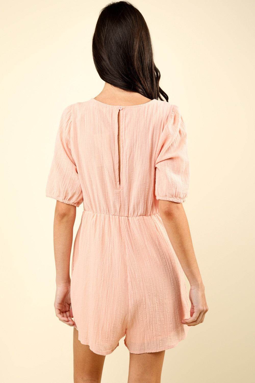 VERY J Lace Detail Puff Sleeve Romper with Pockets - DaTrendStore.Com