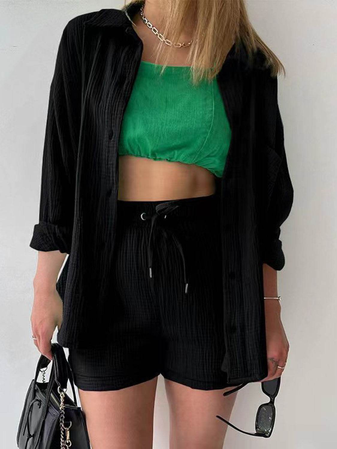 Texture Button Up Shirt and Drawstring Shorts Set - DaTrendStore.Com