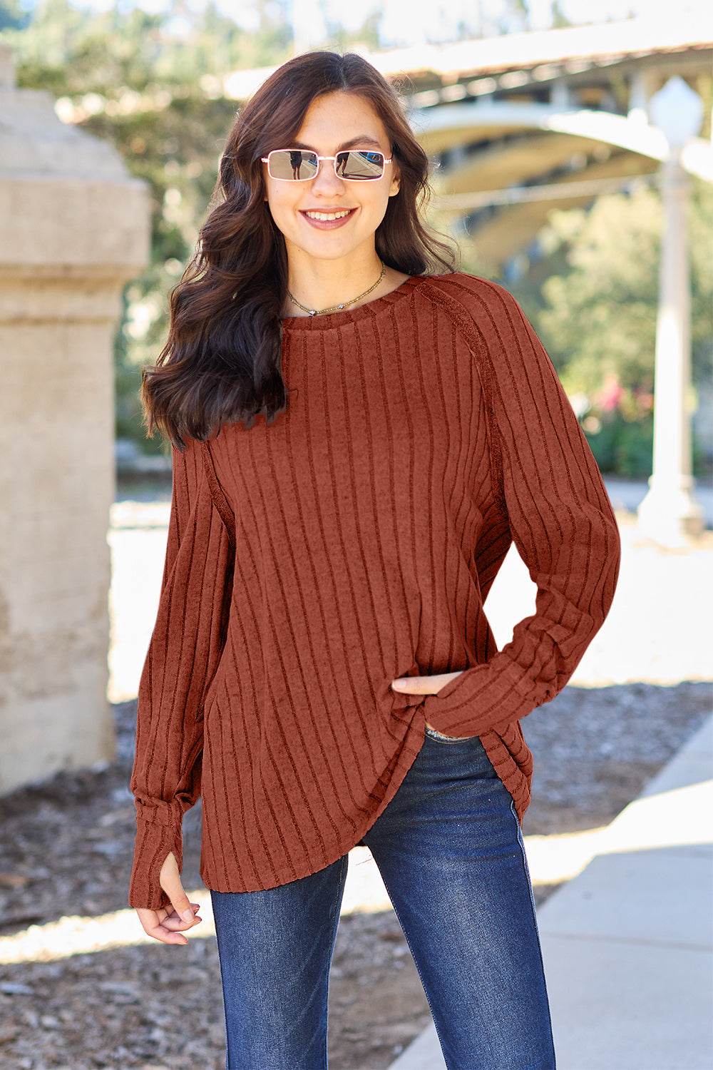 Basic Bae Full Size Ribbed Round Neck Long Sleeve Knit Top - DaTrendStore.Com
