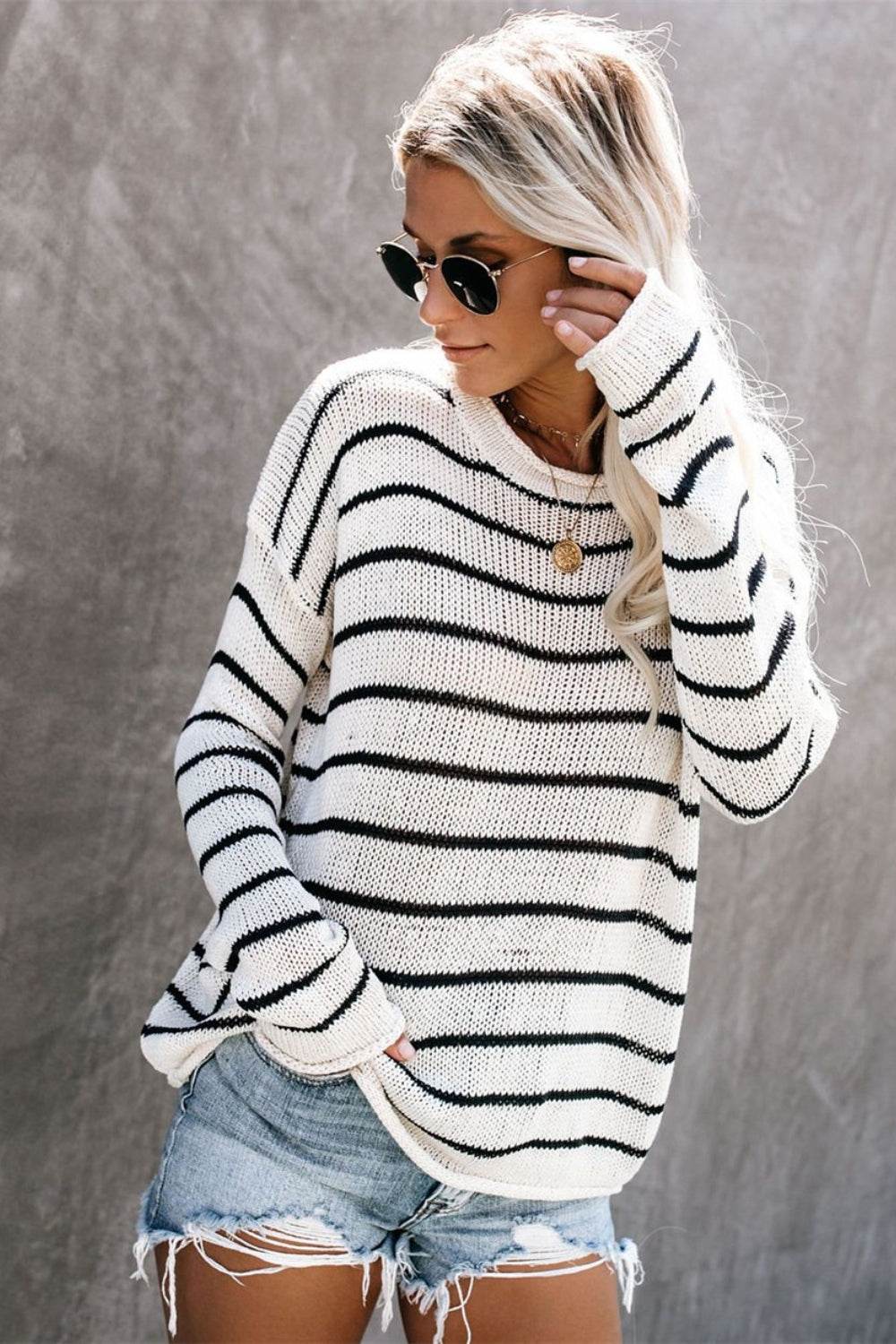 Striped Round Neck Drop Shoulder Sweater - DaTrendStore.Com