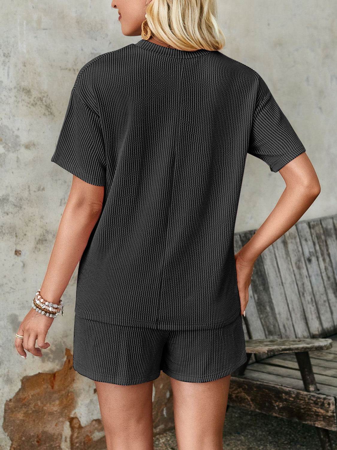 Lovelet Textured Round Neck Short Sleeve Top and Shorts Set - DaTrendStore.Com