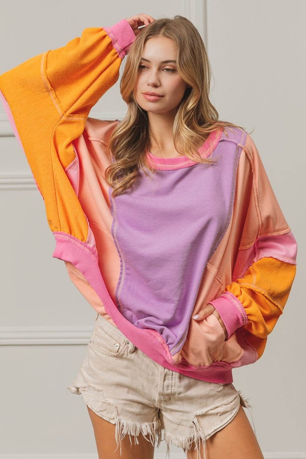 BiBi Color Block Exposed Seam Sweatshirt with Pockets - DaTrendStore.Com