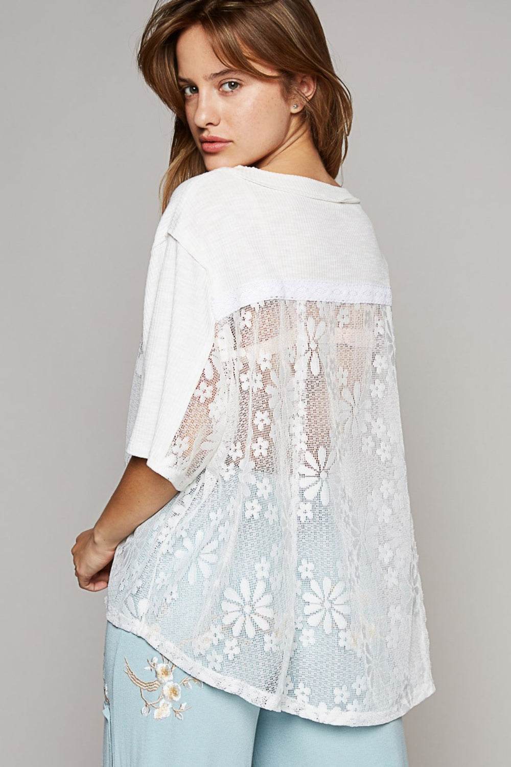 POL Round Neck Short Sleeve Lace Top - DaTrendStore.Com