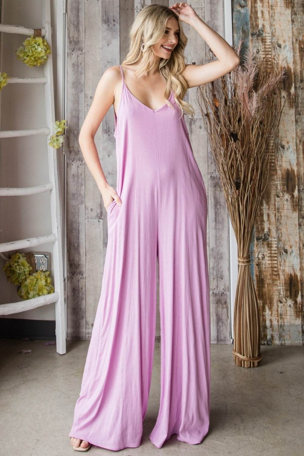 Veveret Pocketed Spaghetti Strap V-Neck Wide Leg Jumpsuit - DaTrendStore.Com