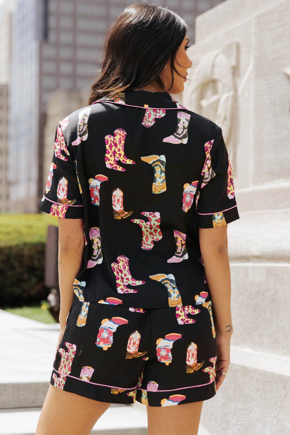 Printed Button Up Short Sleeve Top and Shorts Lounge Set - DaTrendStore.Com