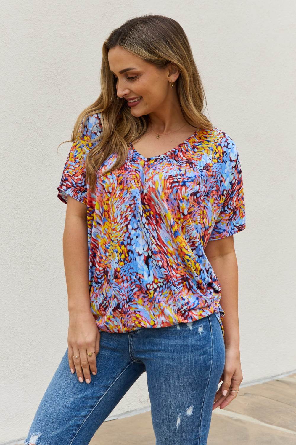 Be Stage Full Size Printed Dolman Flowy Top - DaTrendStore.Com