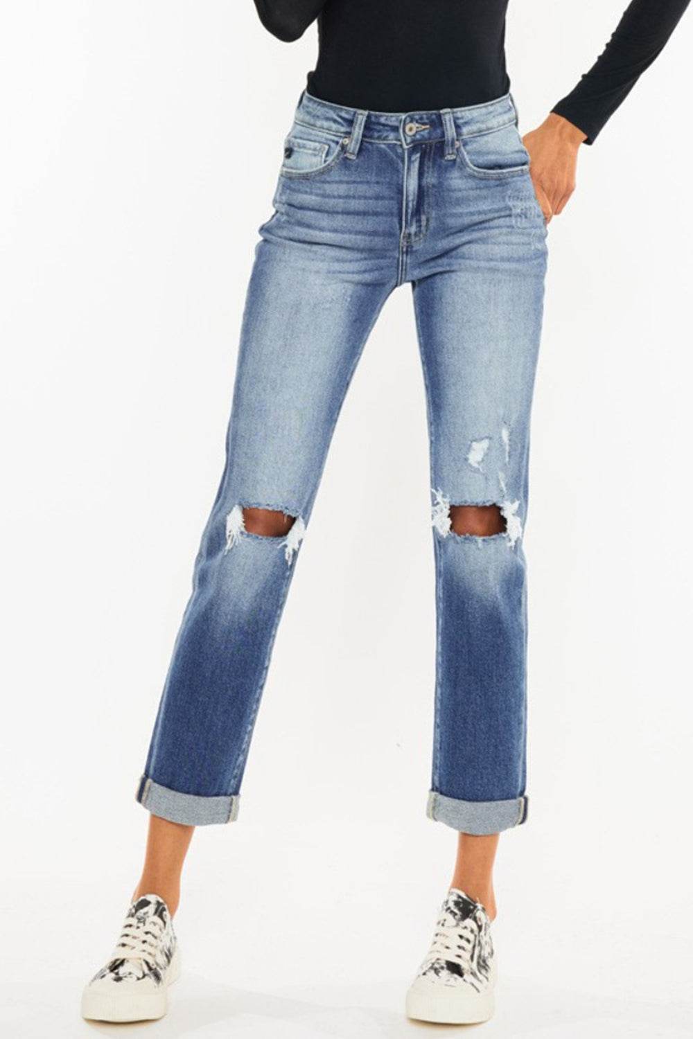 Kancan High Waist Distressed Hem Detail Cropped Straight Jeans - DaTrendStore.Com