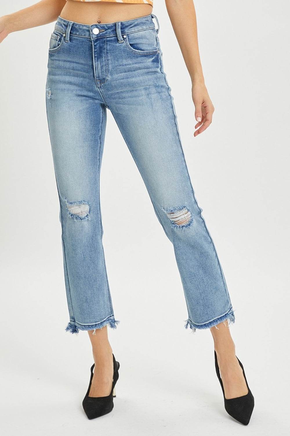 RISEN Full Size High Rise Distressed Cropped Straight Jeans - DaTrendStore.Com