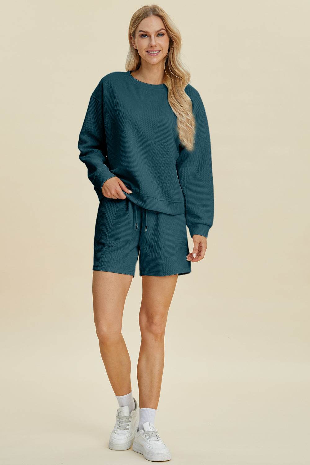 Double Take Full Size Texture Round Neck Long Sleeve Top and Shorts Set - DaTrendStore.Com