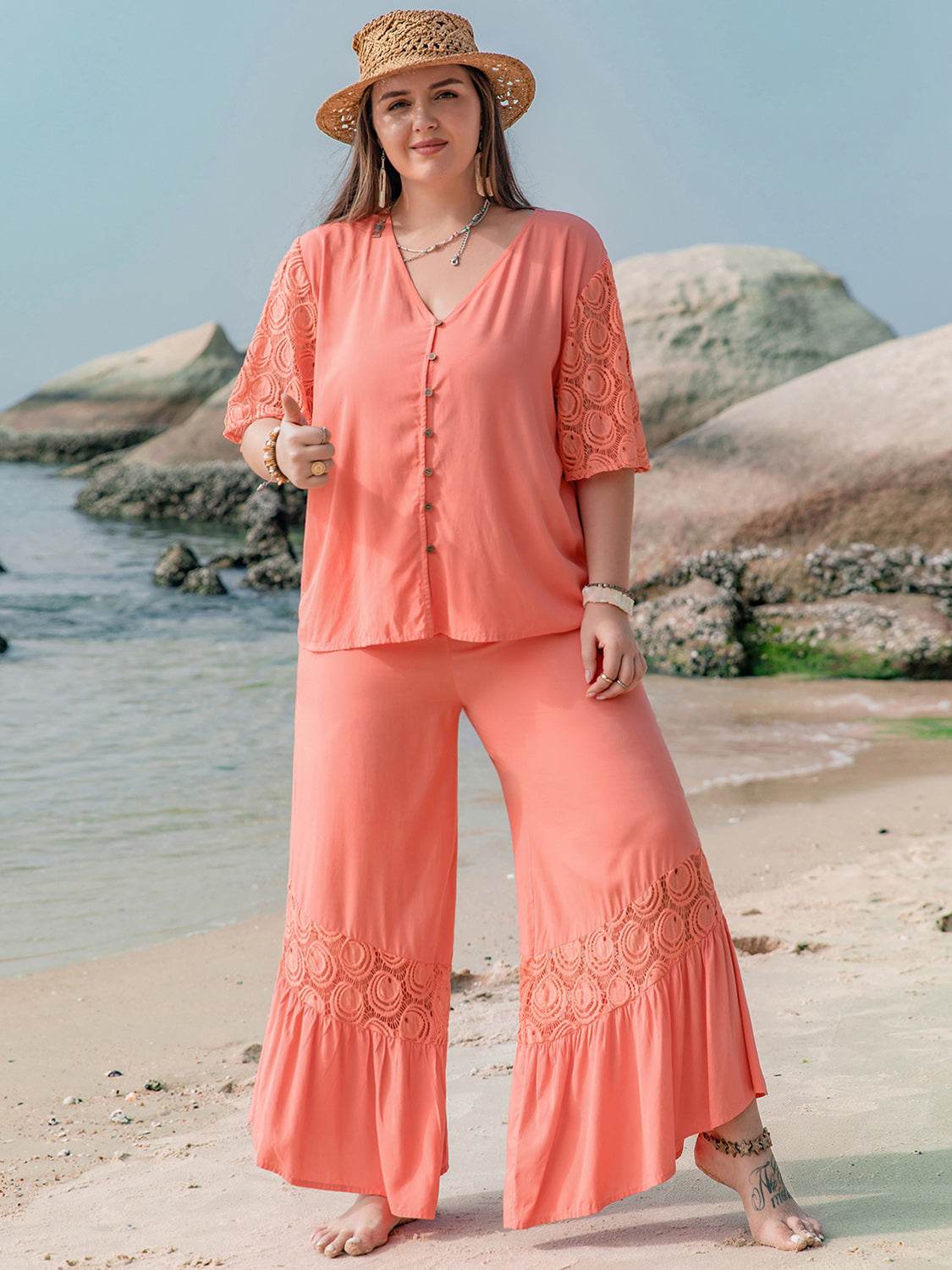 Plus Size Button Up Half Sleeve Top and Pants Set - DaTrendStore.Com