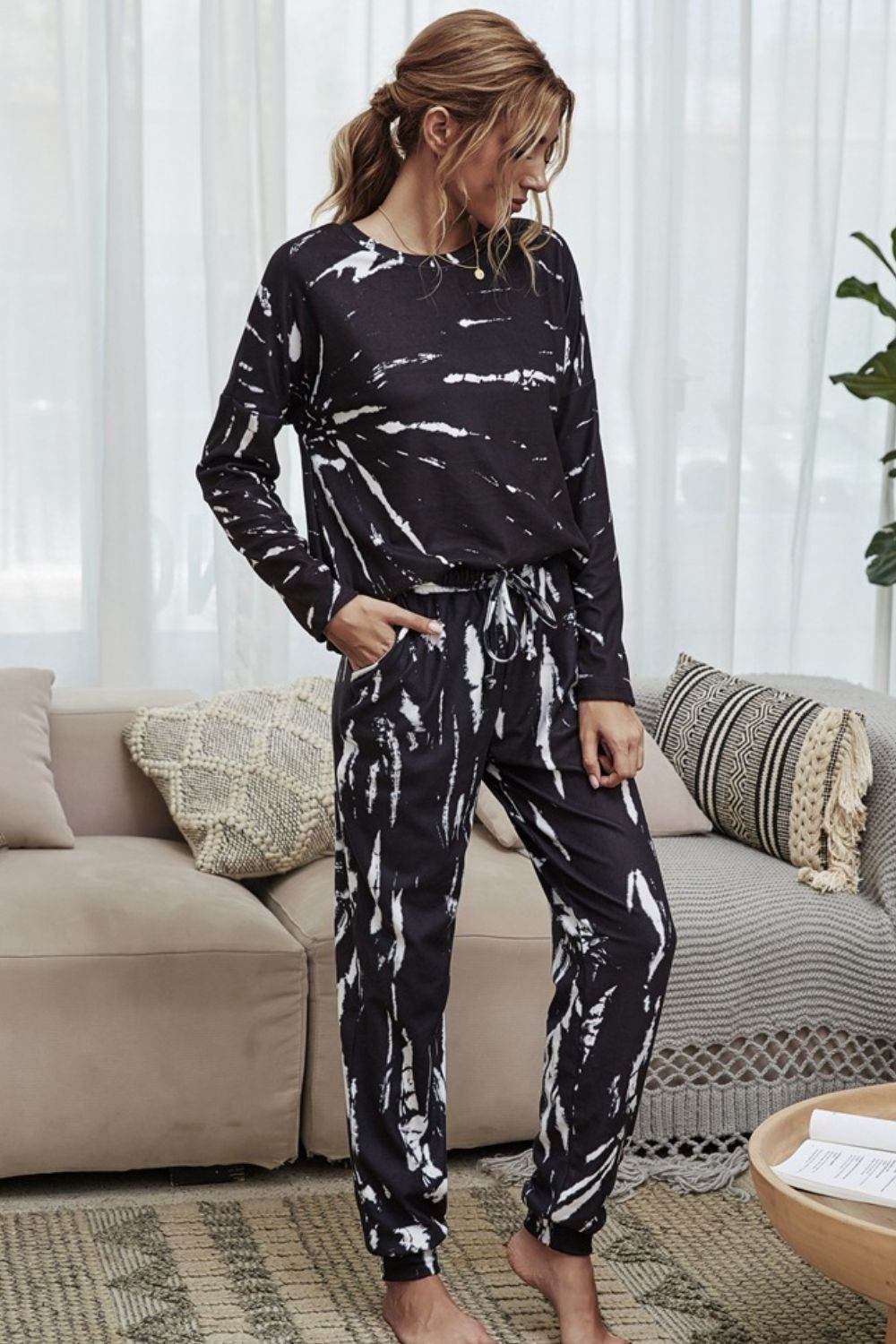 Shiny Tie-Dye Round Neck Top and Drawstring Waist Joggers Lounge Set - DaTrendStore.Com