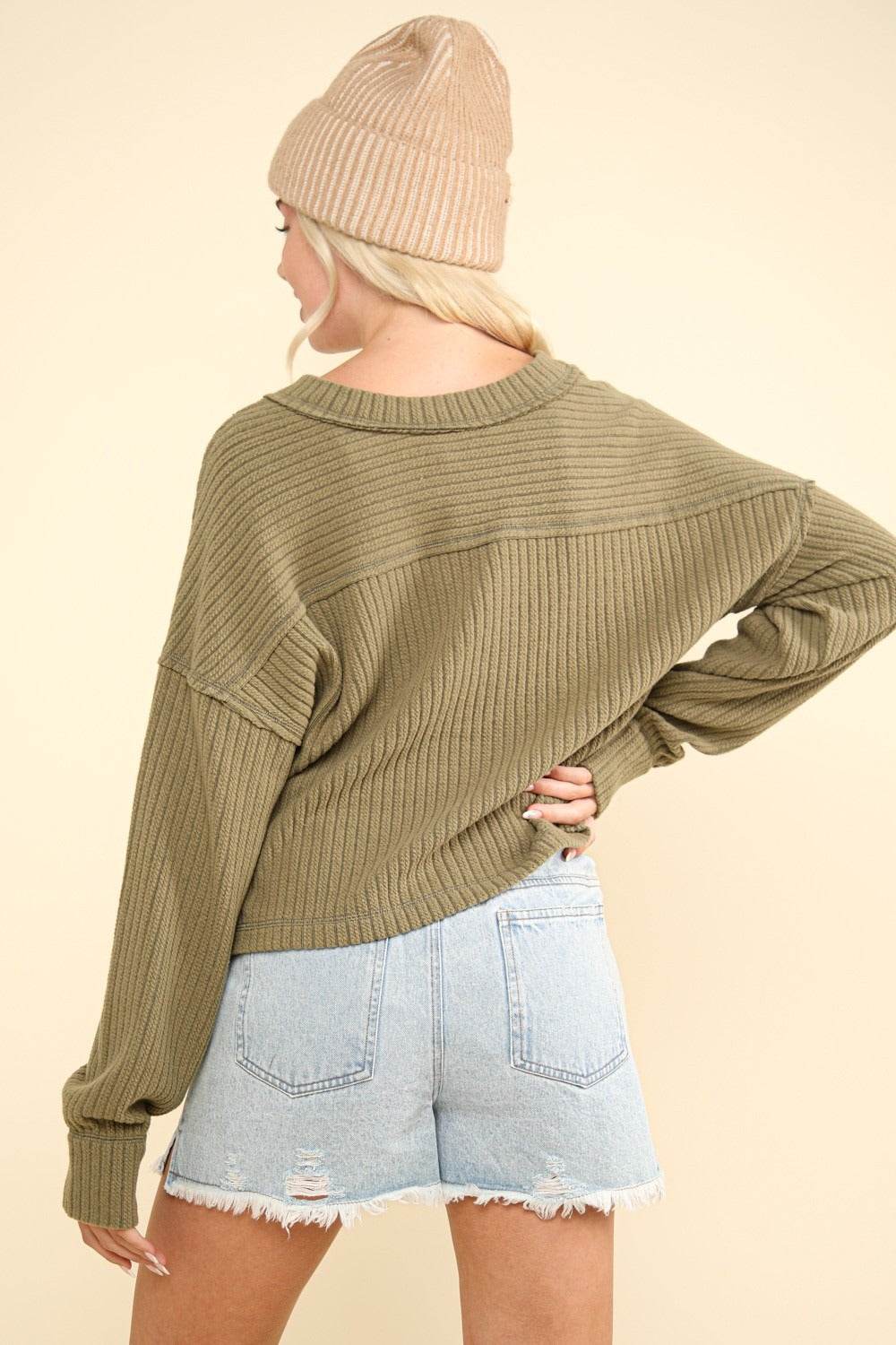 VERY J Exposed Seam V-Neck Ribbed Knit Top - DaTrendStore.Com