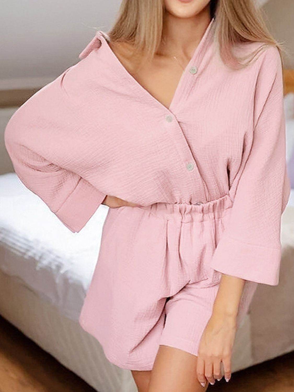 Texture Button Up Shirt and Shorts Set - DaTrendStore.Com