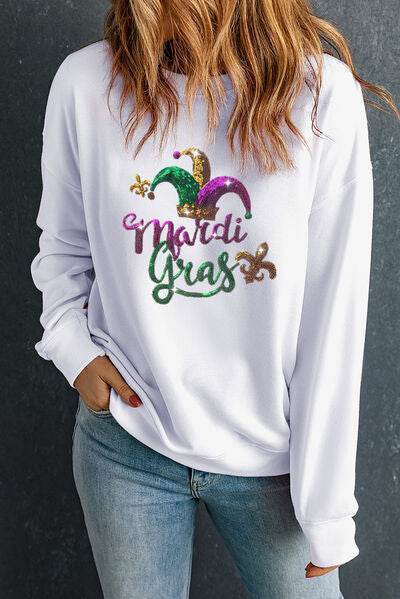 MARDI GRAS Sequin Round Neck Sweatshirt - DaTrendStore.Com