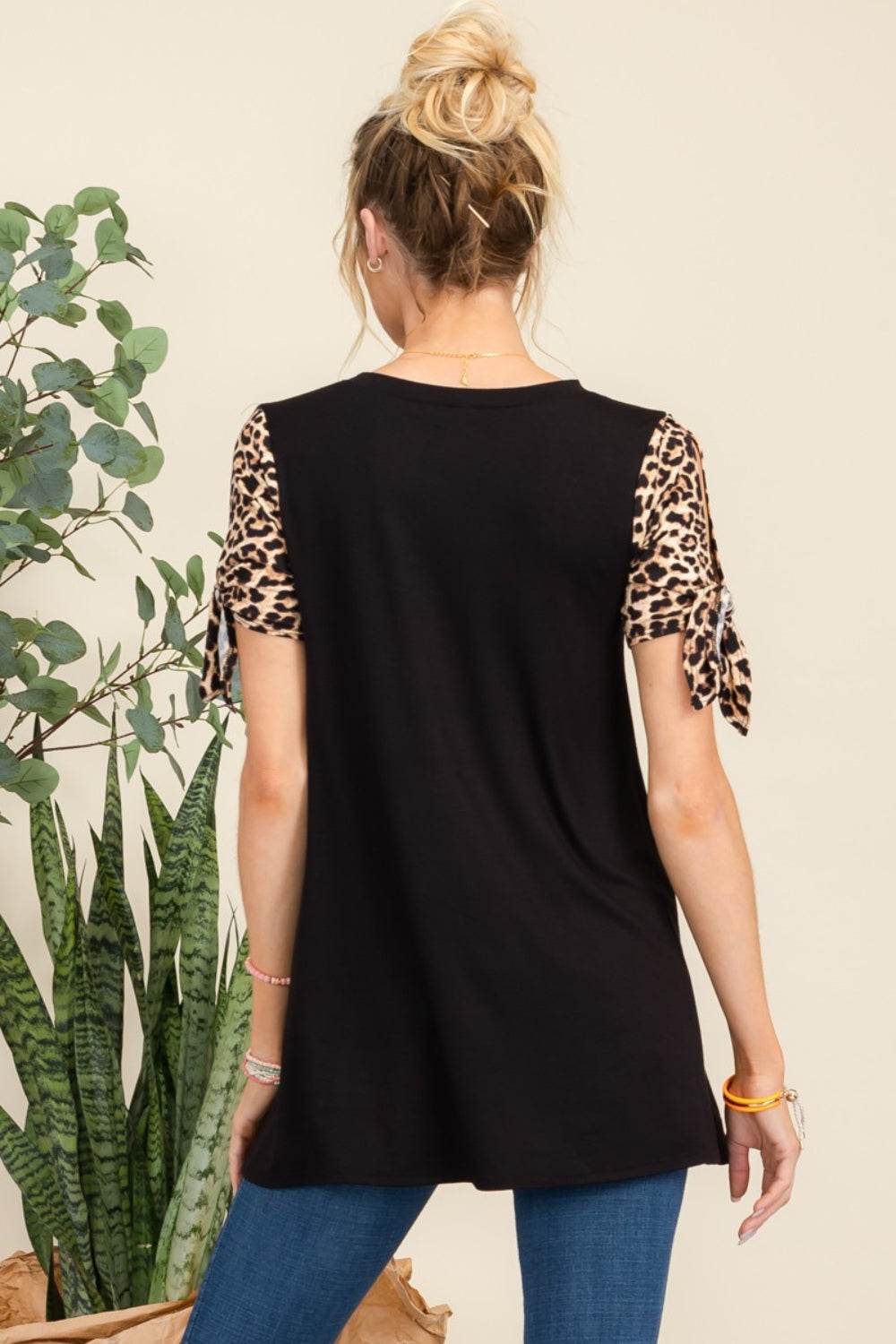 Celeste Full Size Open Tie Sleeve Leopard Color Blocked Top - DaTrendStore.Com