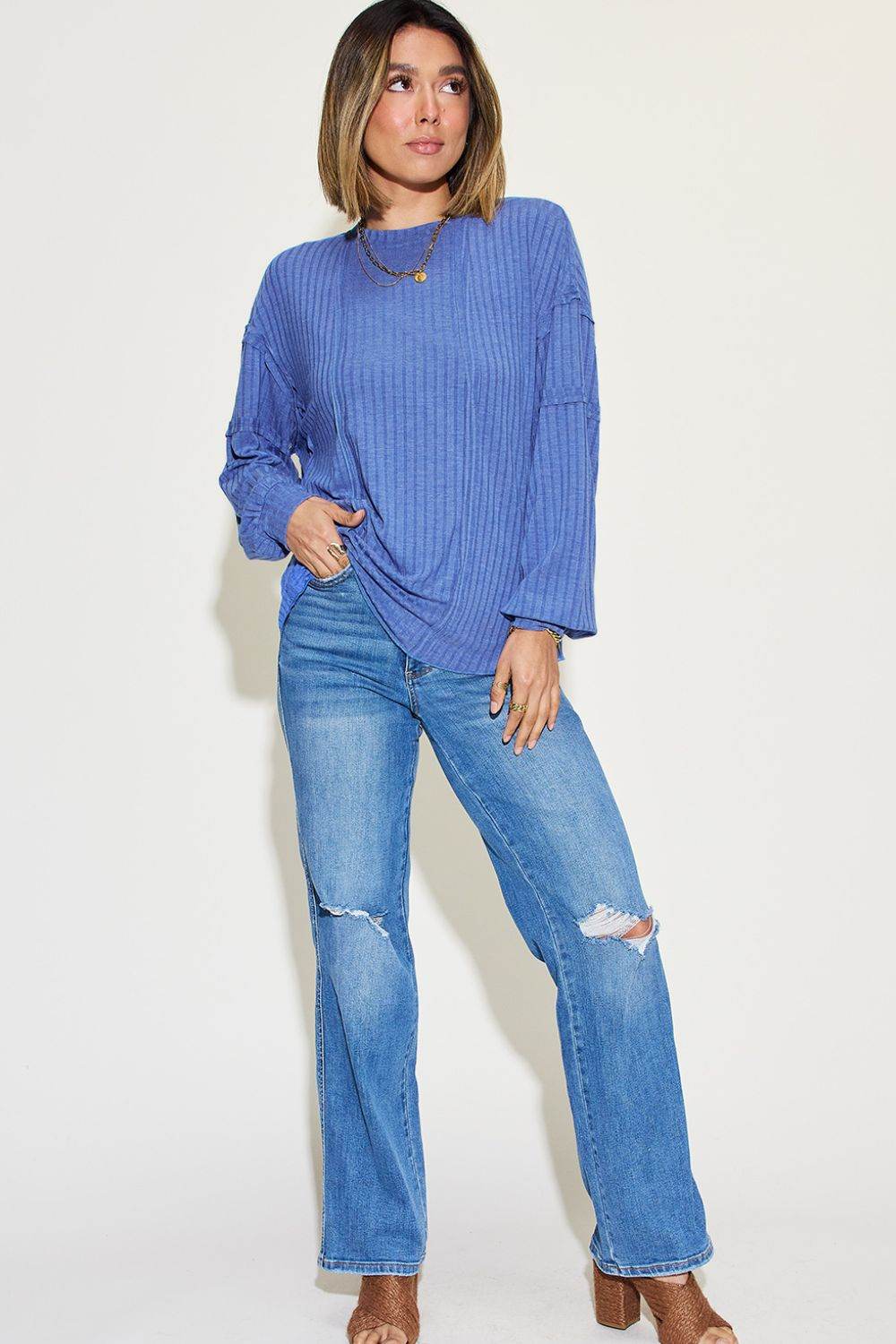 Basic Bae Full Size Ribbed Round Neck Long Sleeve T-Shirt - DaTrendStore.Com