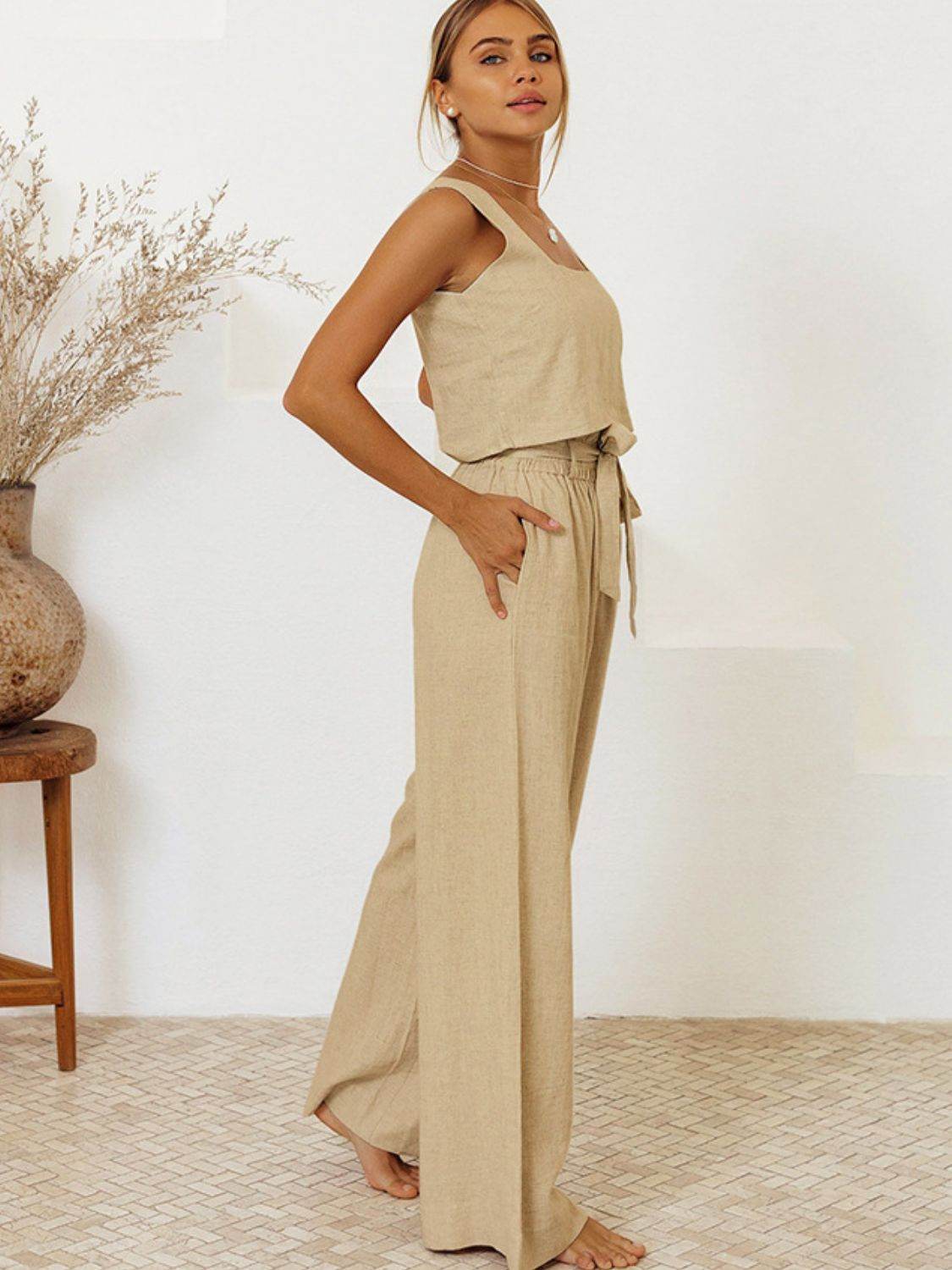 Square Neck Sleeveless Top and Pants Set - DaTrendStore.Com