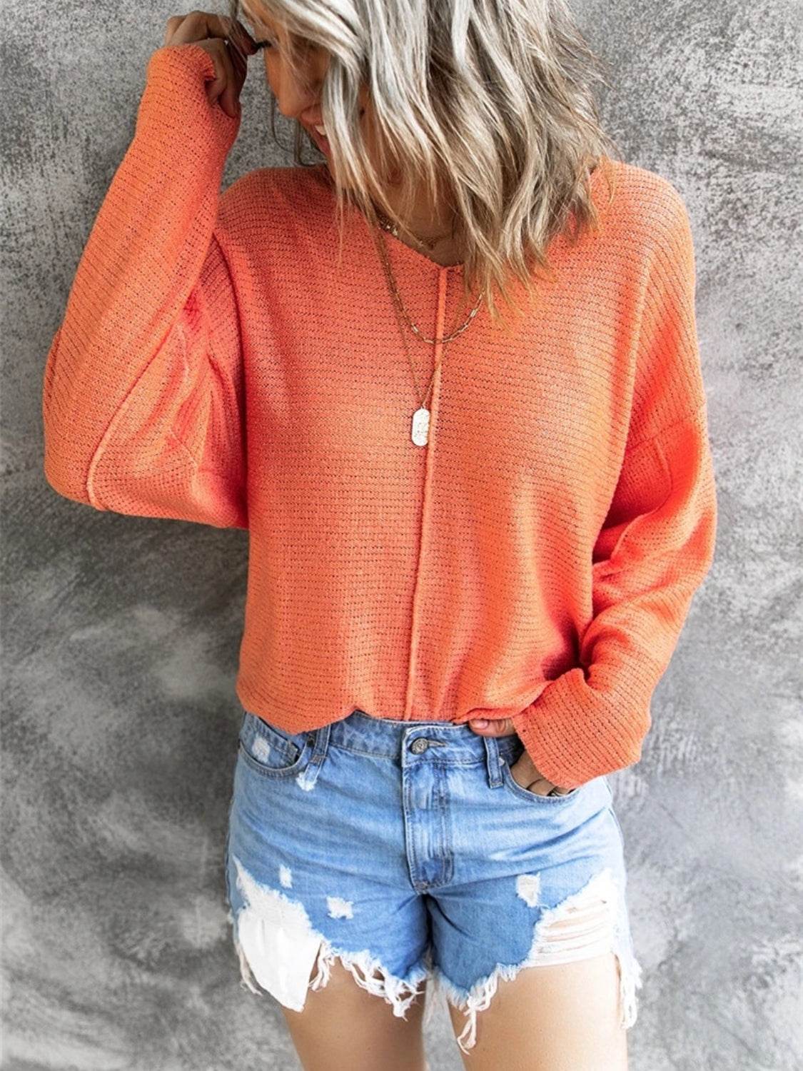 V-Neck Drop Shoulder Knit Top - DaTrendStore.Com