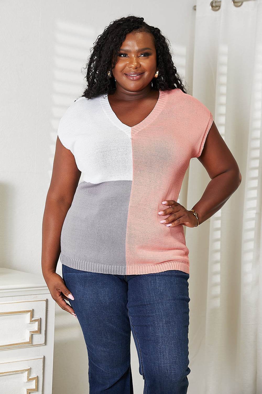 Color Block V-Neck Knit Top - DaTrendStore.Com