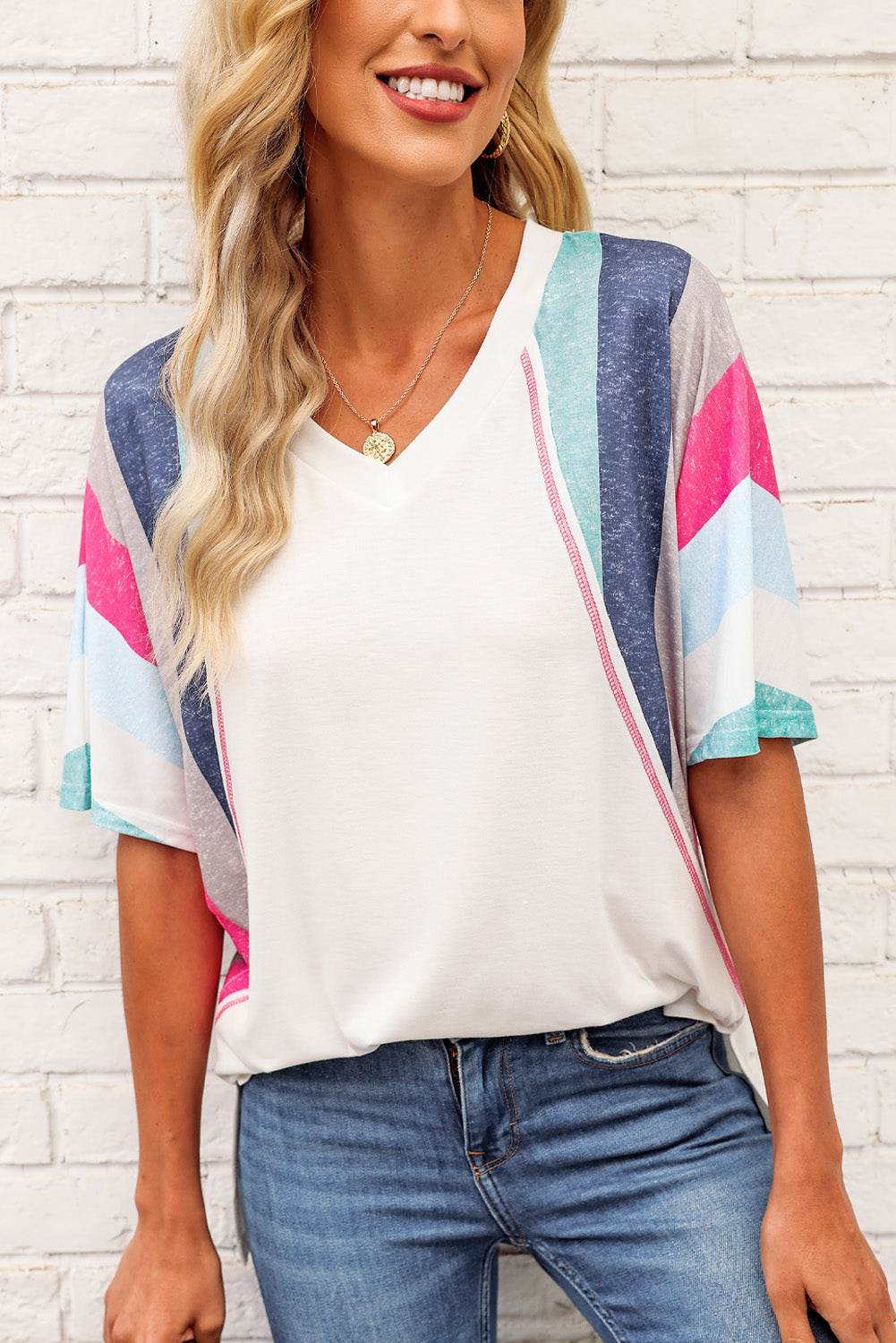 Rainbow Stripe Slit V-Neck T-Shirt - DaTrendStore.Com