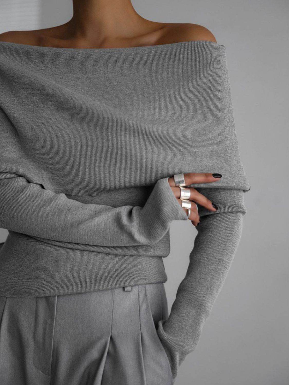 Off-Shoulder Long Sleeve Knit Top - DaTrendStore.Com