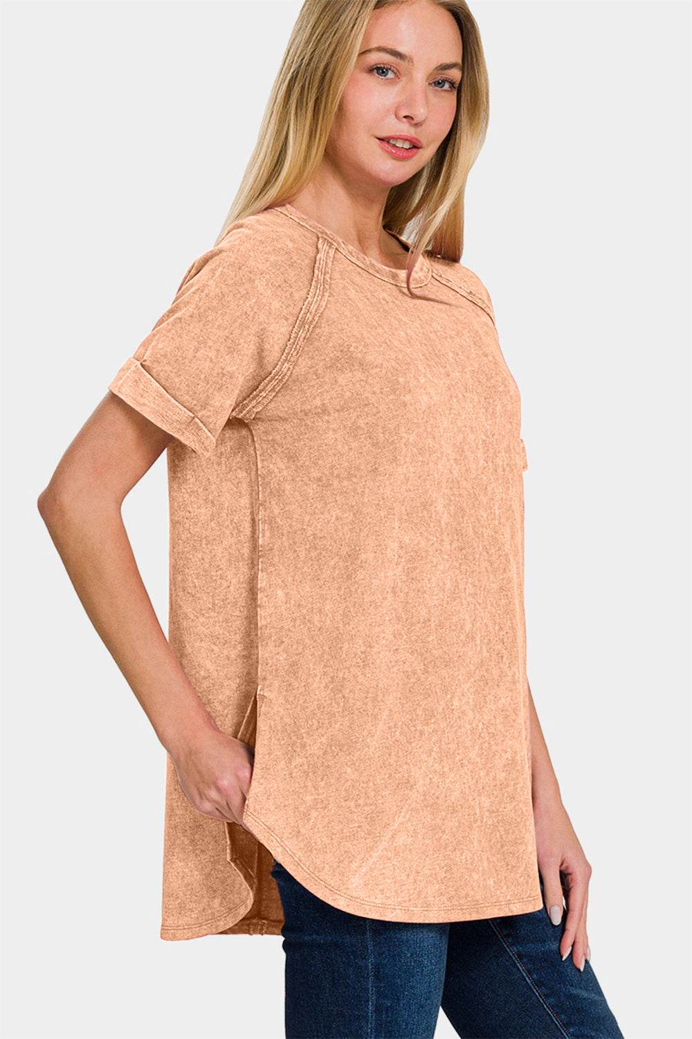 Zenana Heathered Round Neck Short Sleeve Top - DaTrendStore.Com