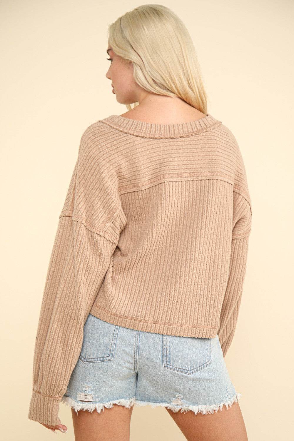 VERY J Exposed Seam V-Neck Ribbed Knit Top - DaTrendStore.Com