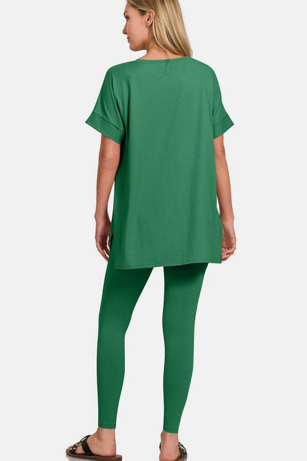 Zenana Full Size V-Neck Rolled Short Sleeve T-Shirt and Leggings Lounge Set - DaTrendStore.Com