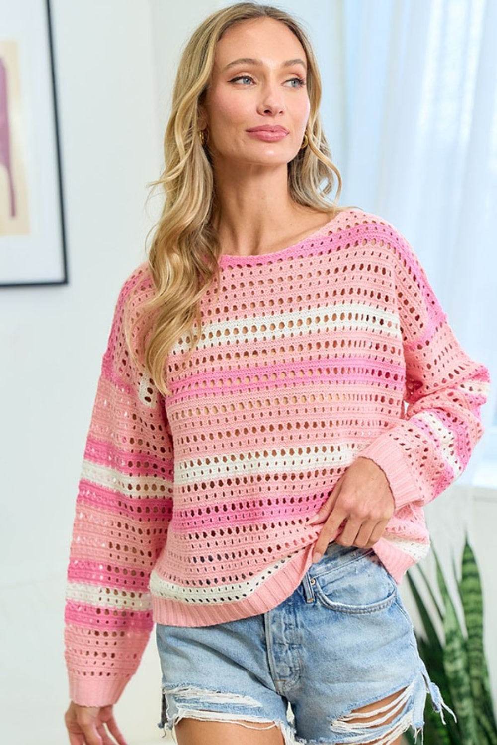 First Love Striped Long Sleeve Openwork Knit Top - DaTrendStore.Com