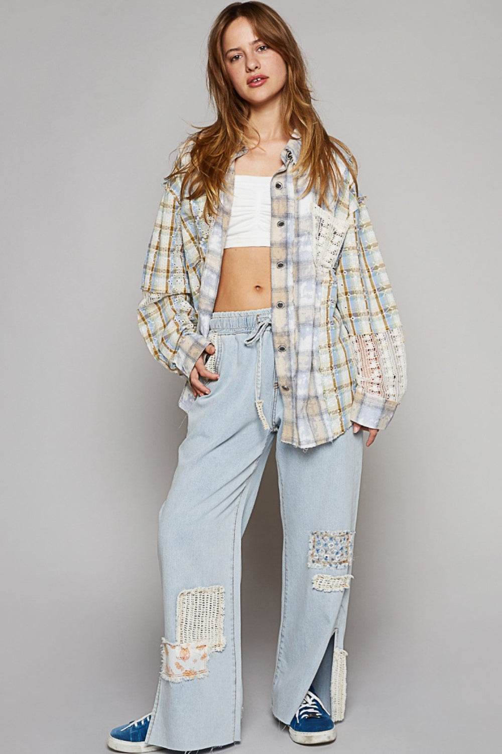 POL Long Sleeve Embroidered Crochet Plaid Shirt - DaTrendStore.Com