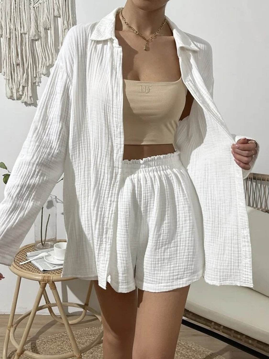 Dropped Shoulder Button Up Top and Elastic Waist Shorts Set - DaTrendStore.Com