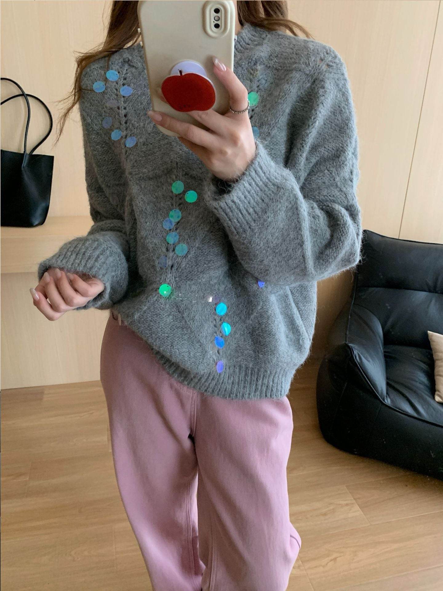 Sequin Round Neck Long Sleeve Sweater - DaTrendStore.Com