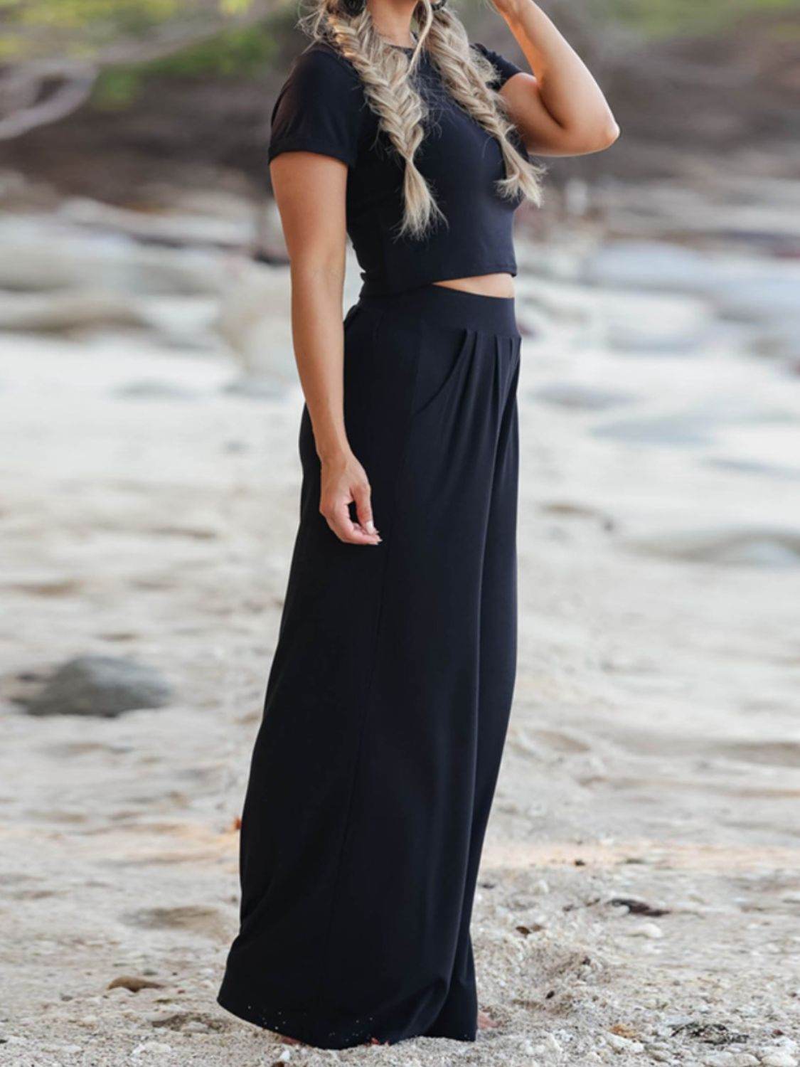 Round Neck Short Sleeve Top and Pocketed Pants Set - DaTrendStore.Com