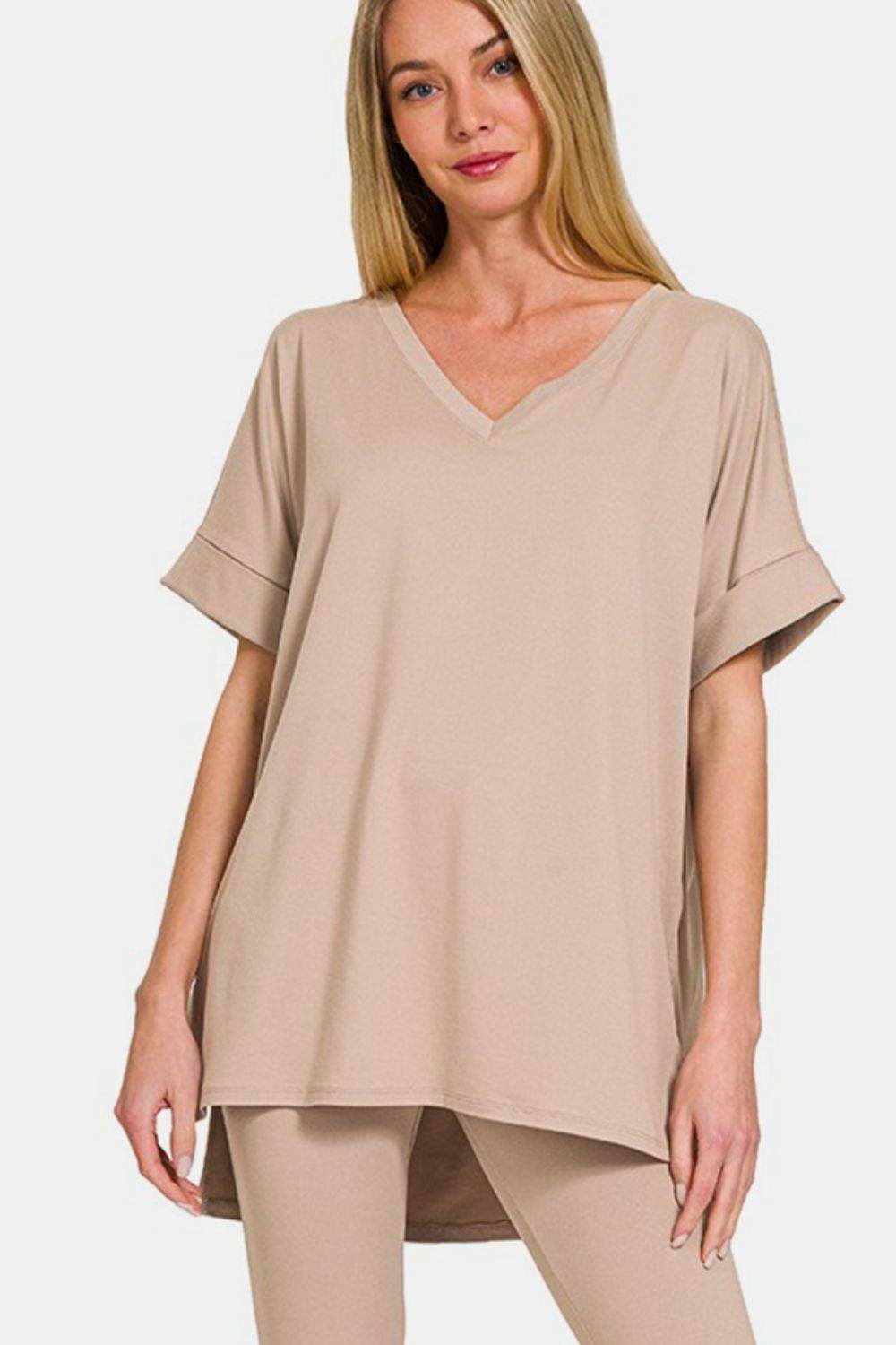 Zenana Full Size V-Neck Rolled Short Sleeve T-Shirt and Leggings Lounge Set - DaTrendStore.Com