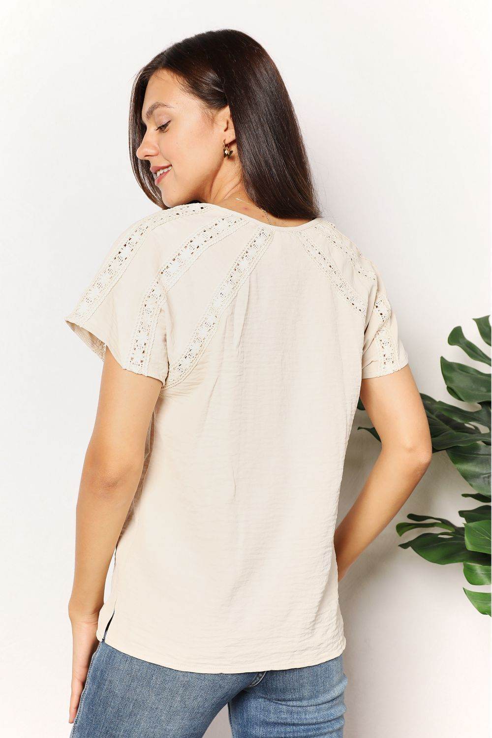 Double Take Crochet Buttoned Short Sleeves Top - DaTrendStore.Com