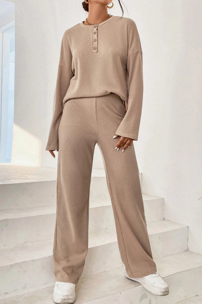 Ribbed Half Button Top and Pants Set