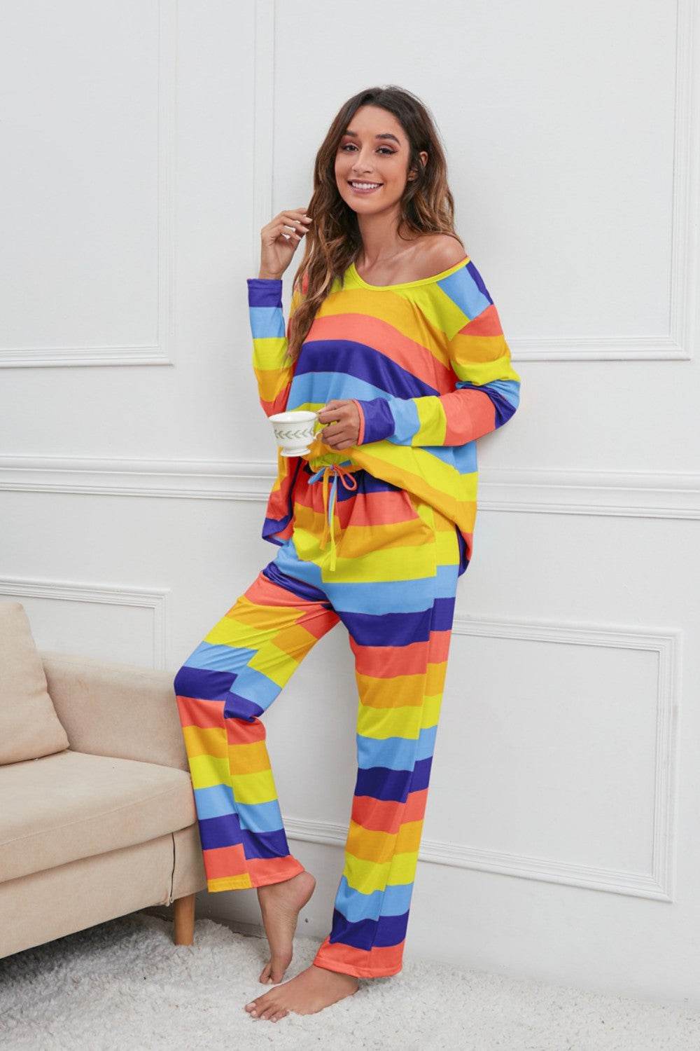 Striped Round Neck Long Sleeve Top and Drawstring Pants Lounge Set - DaTrendStore.Com