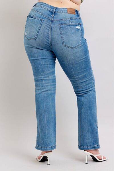 Judy Blue HW Tummy Control Vintage Wash Side Slit Slim Boot Jeans - DaTrendStore.Com