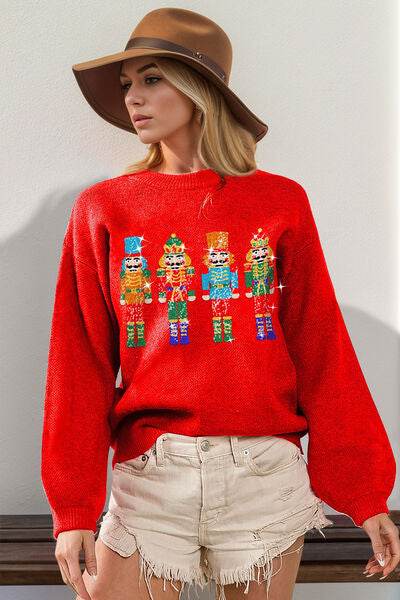 Double Take Full Size Sequin Nutcracker Long Sleeve Sweater - DaTrendStore.Com