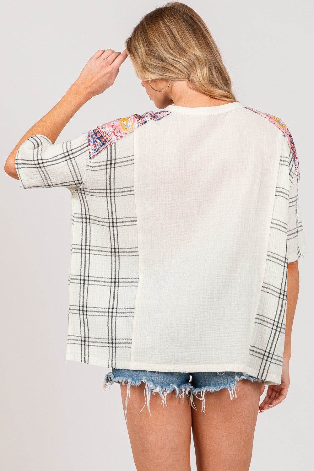 SAGE + FIG Plaid Half Button Gauze Top - DaTrendStore.Com