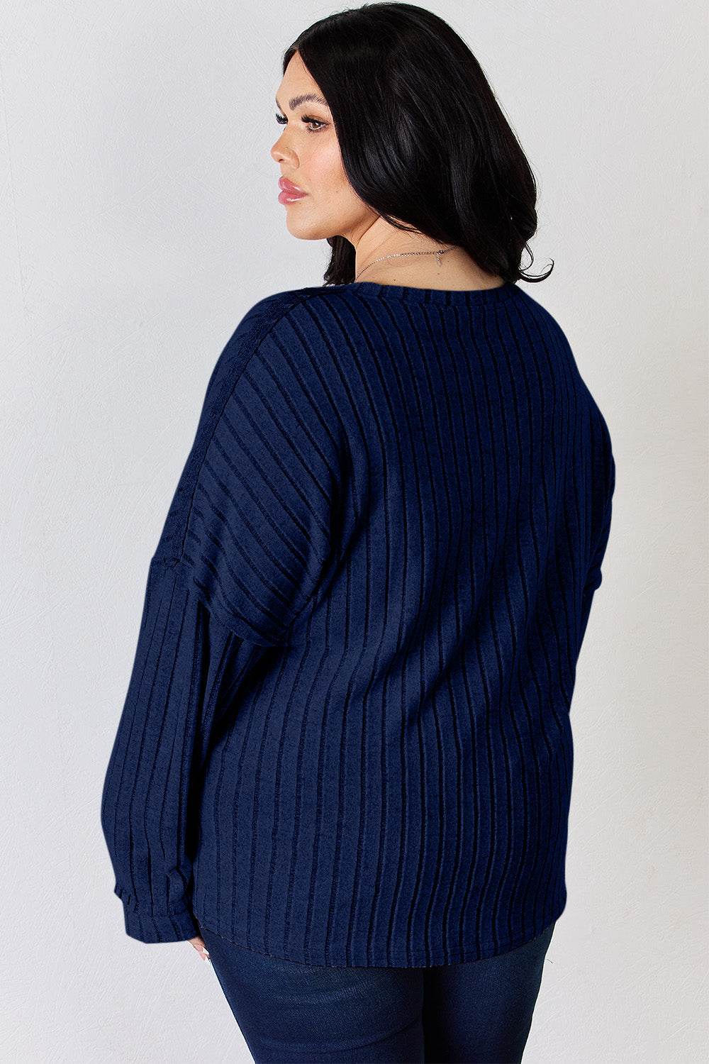 Basic Bae Full Size Ribbed Half Button Long Sleeve T-Shirt - DaTrendStore.Com