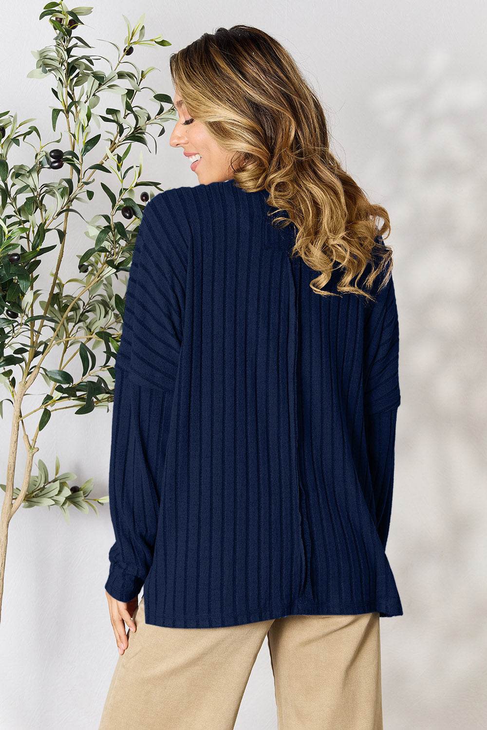 Basic Bae Full Size Ribbed Round Neck Slit Knit Top - DaTrendStore.Com