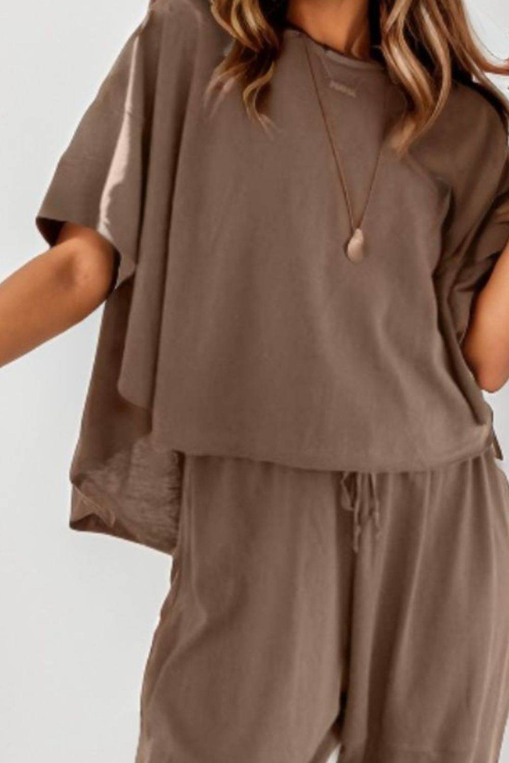 Round Neck Dropped Shoulder Top and Pants Set - DaTrendStore.Com