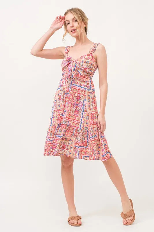 And The Why Red Boho Tiered Tie-Front Dress