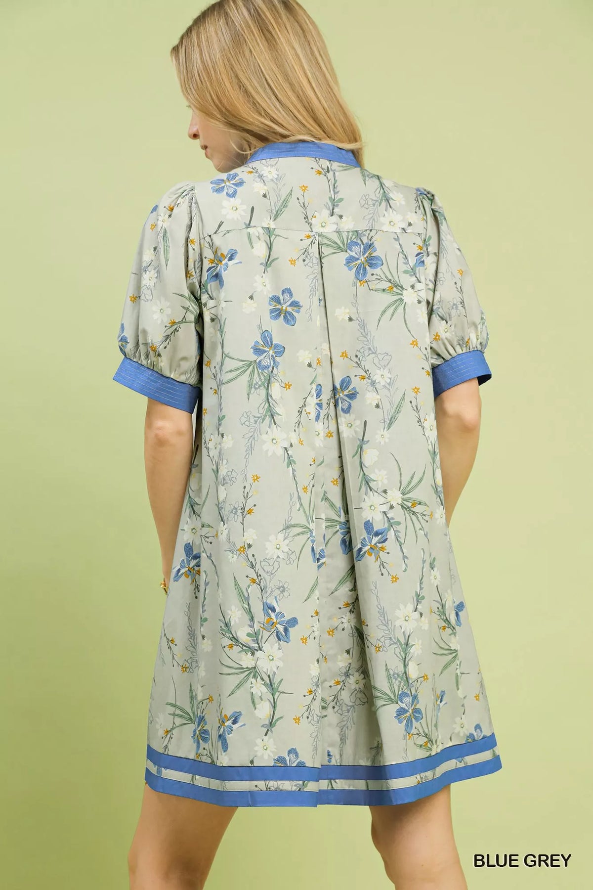 Umgee Floral Puff Sleeve Dress with Contrast Trim - Blue Grey