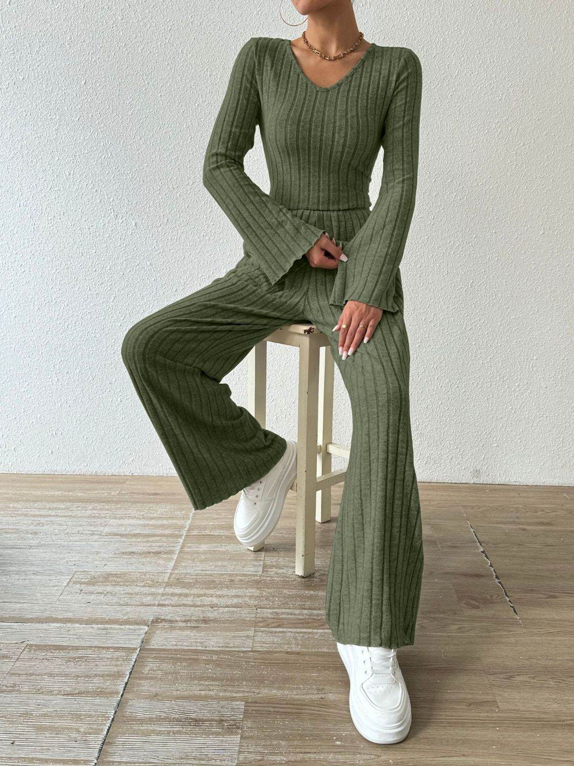 Ribbed V-Neck Long Sleeve Top and Pocketed Pants Set - DaTrendStore.Com