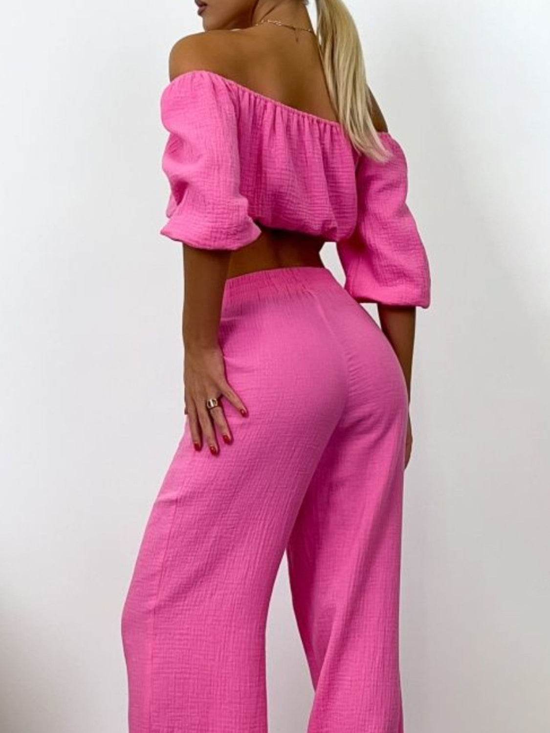 Off Shoulder Long Sleeve Top and Pants Set - DaTrendStore.Com