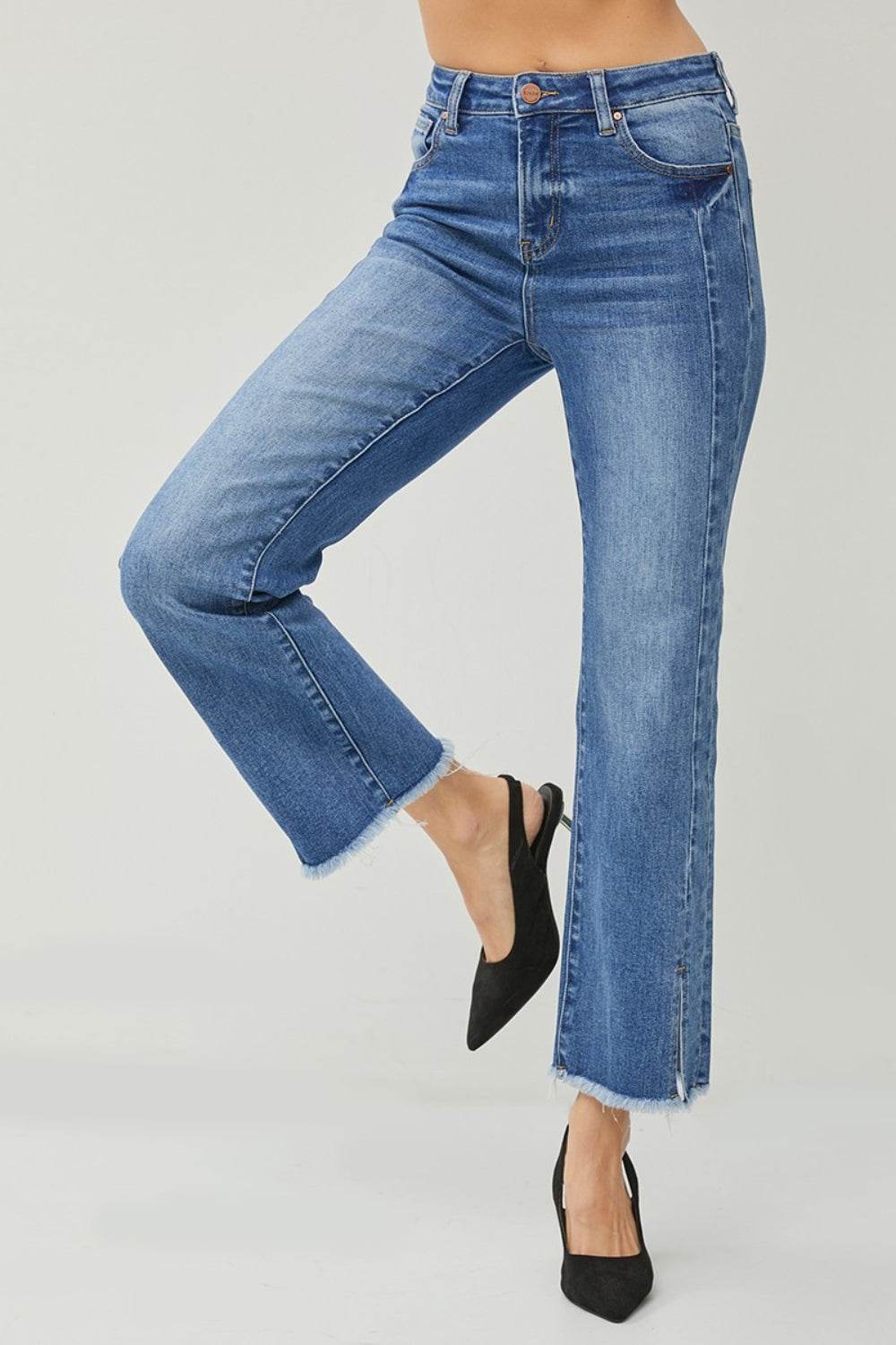 RISEN High Waist Raw Hem Slit Straight Jeans - DaTrendStore.Com