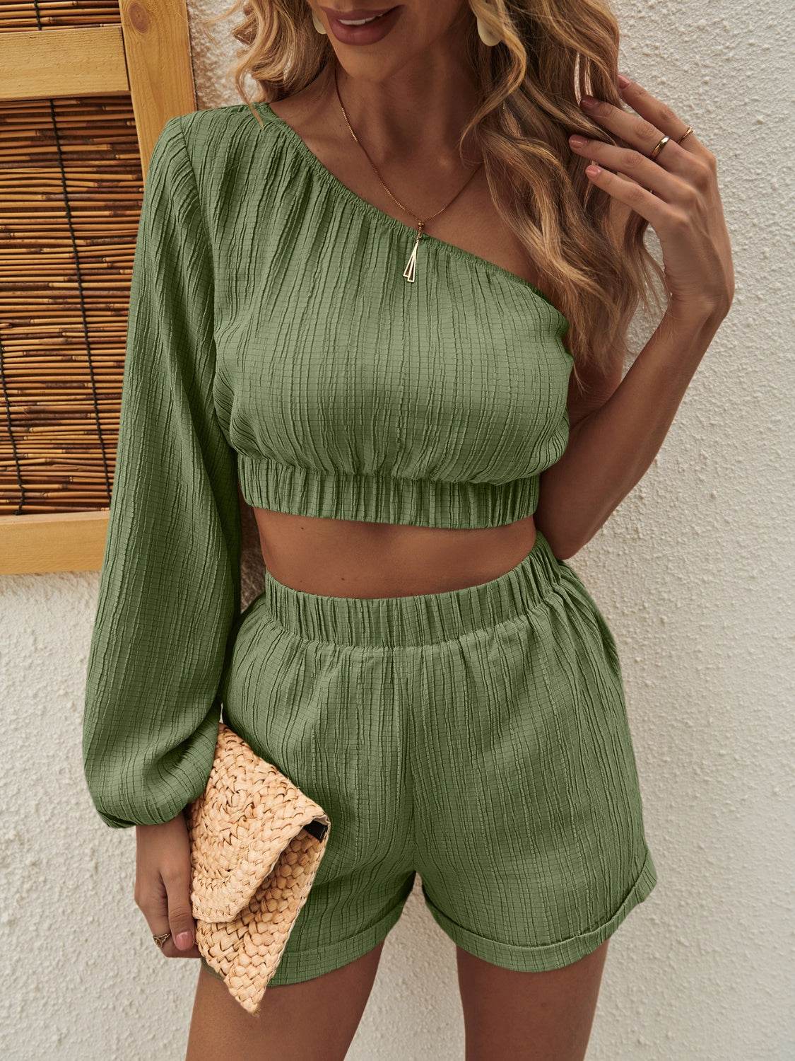 Honey One Shoulder Long Sleeve Top and Shorts Set - DaTrendStore.Com