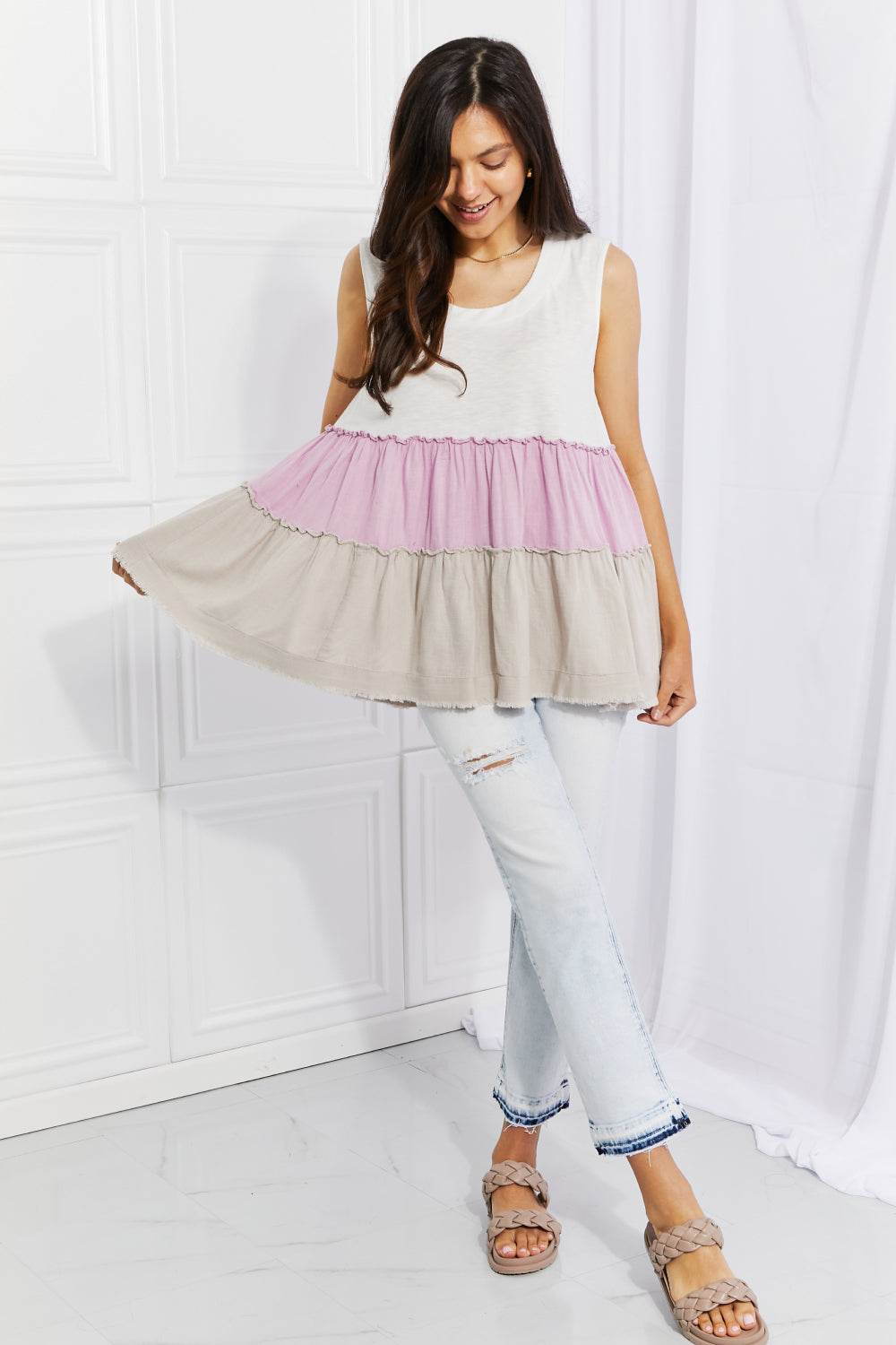 White Birch Full Size Watching the Sunset Color Block Babydoll Top - DaTrendStore.Com